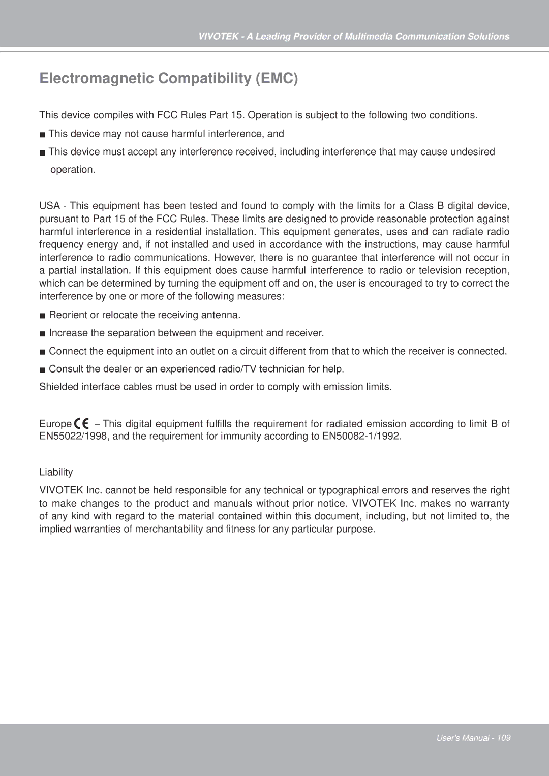 Vivotek IP7251 manual Electromagnetic Compatibility EMC 