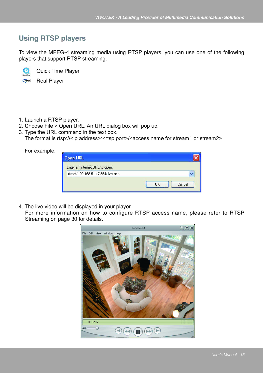 Vivotek IP7251 manual Using Rtsp players 