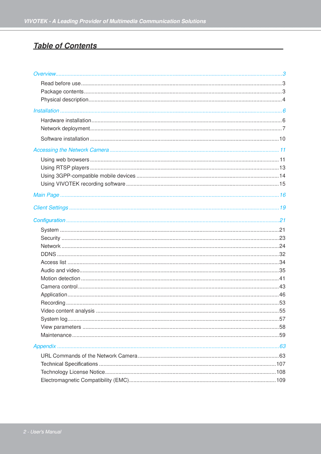 Vivotek IP7251 manual Table of Contents 