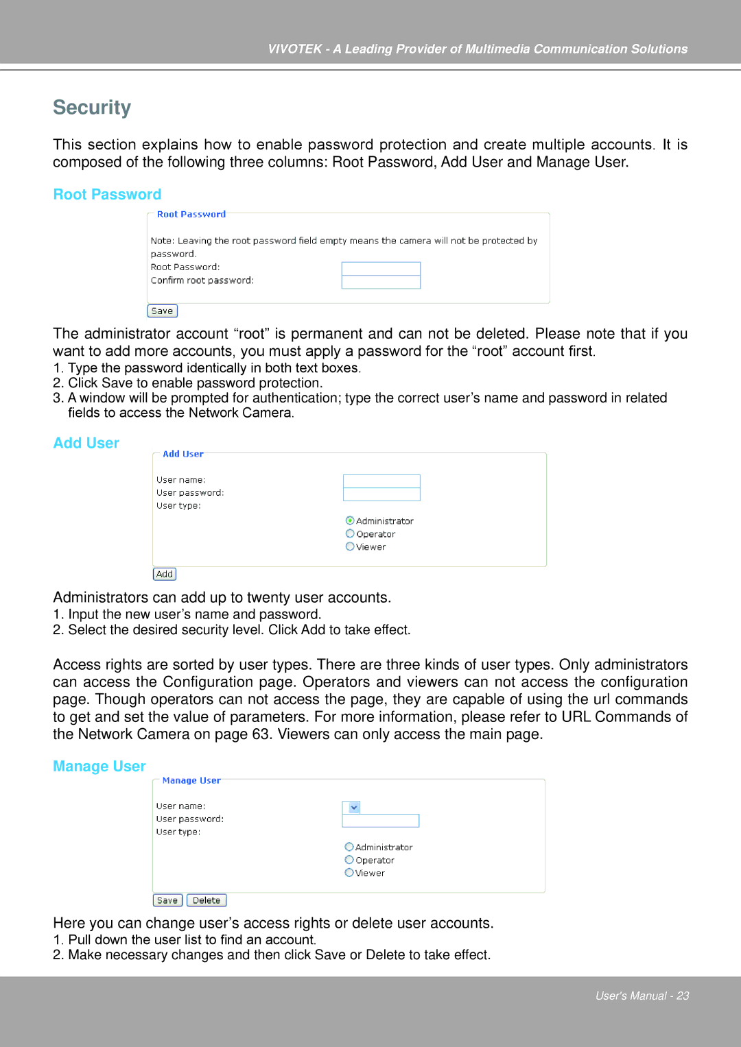 Vivotek IP7251 manual Security, Root Password, Add User, Manage User 