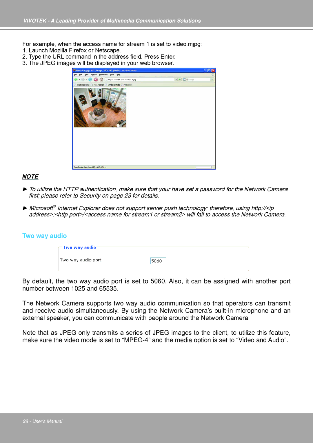 Vivotek IP7251 manual Two way audio 