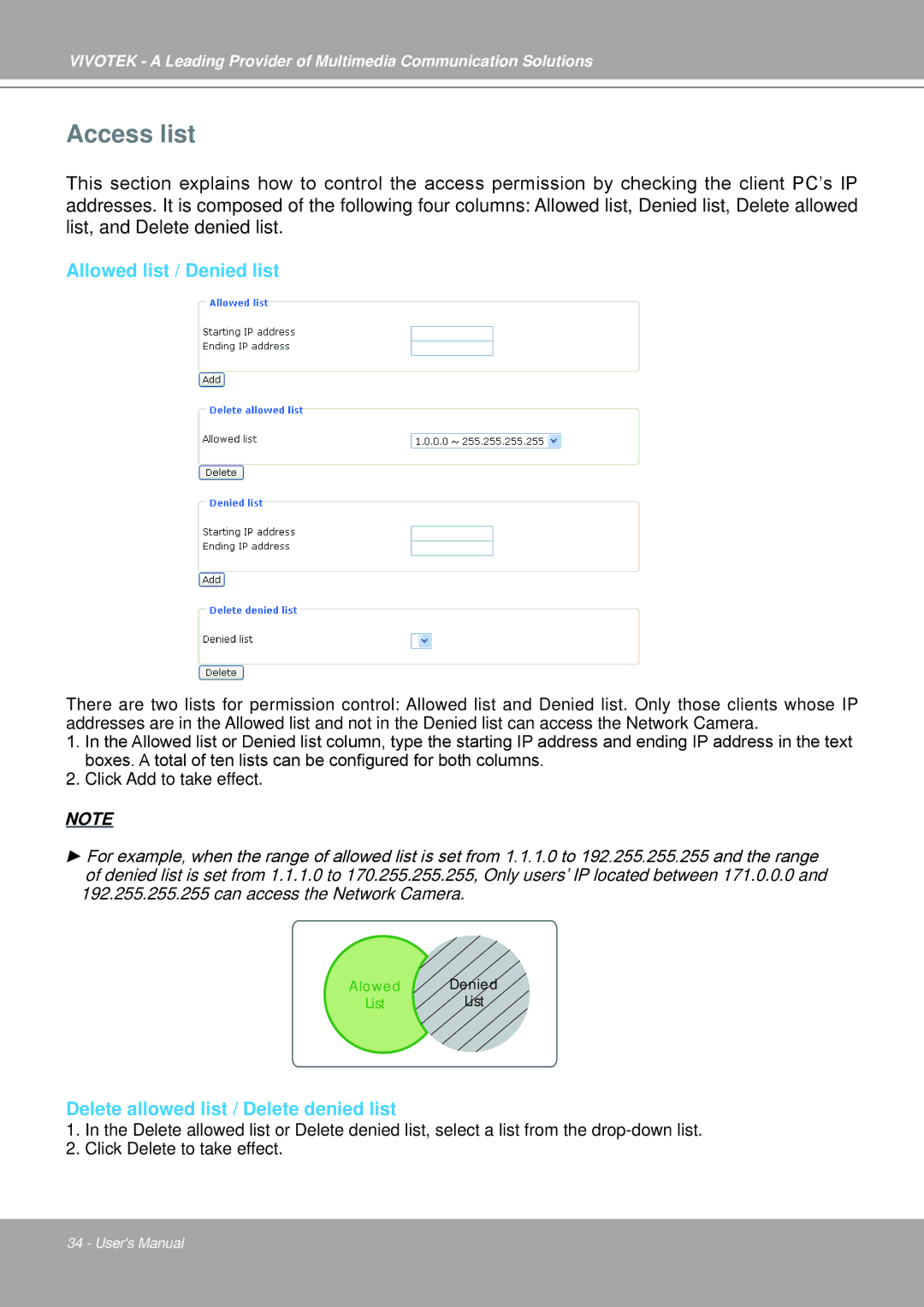 Vivotek IP7251 manual Access list, Allowed list / Denied list, Delete allowed list / Delete denied list 