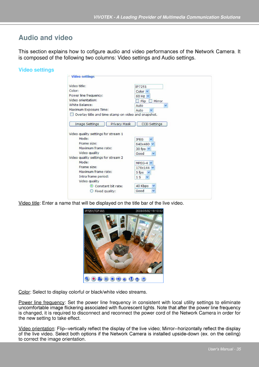 Vivotek IP7251 manual Audio and video, Video settings 