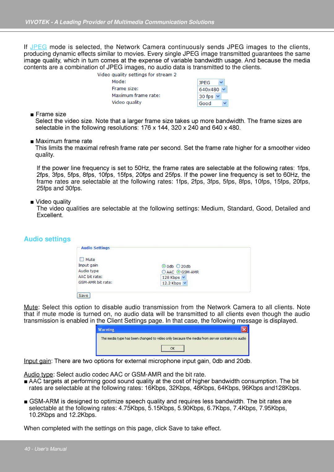 Vivotek IP7251 manual Audio settings 