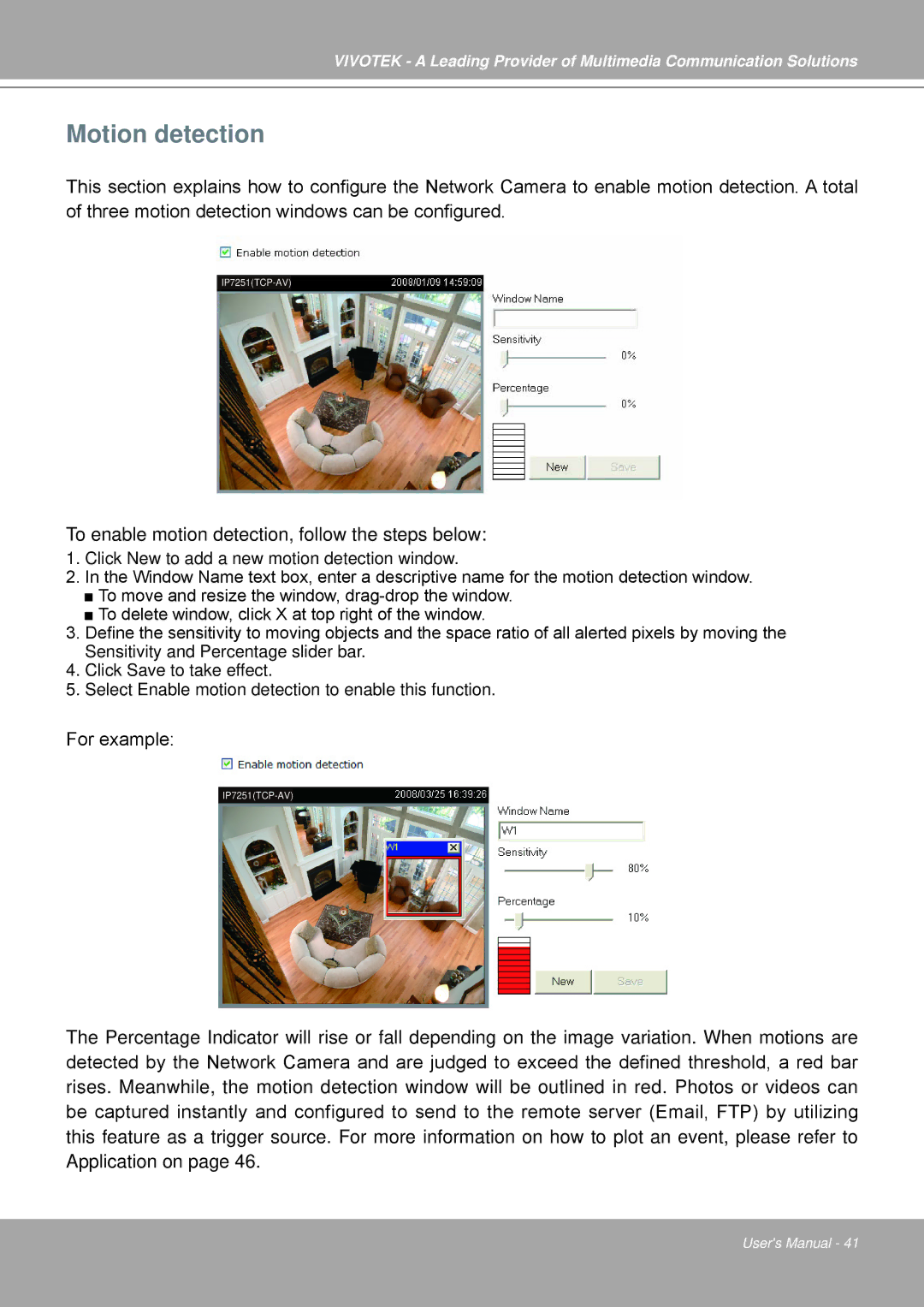 Vivotek IP7251 manual Motion detection, To enable motion detection, follow the steps below 