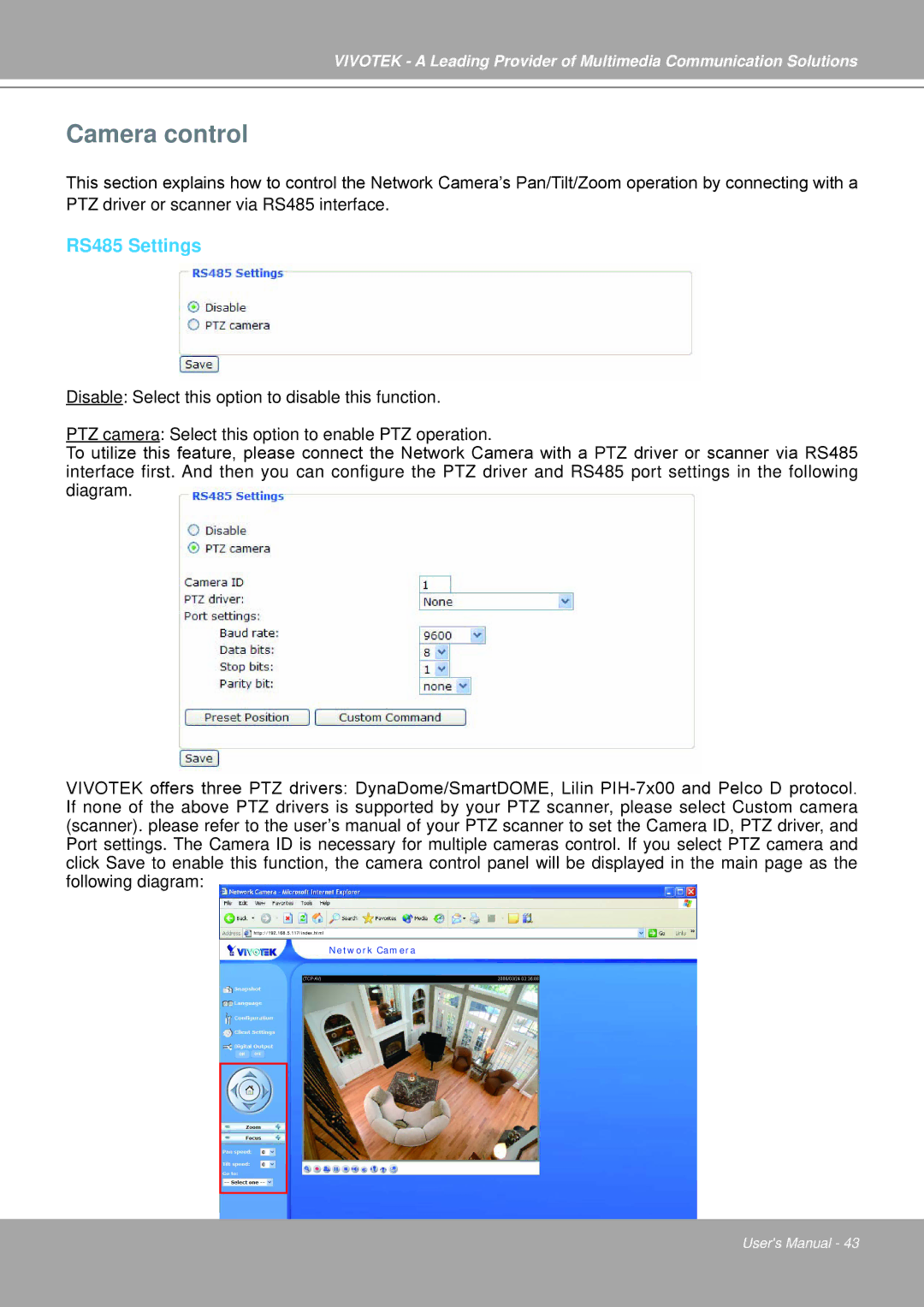 Vivotek IP7251 manual Camera control, RS485 Settings 