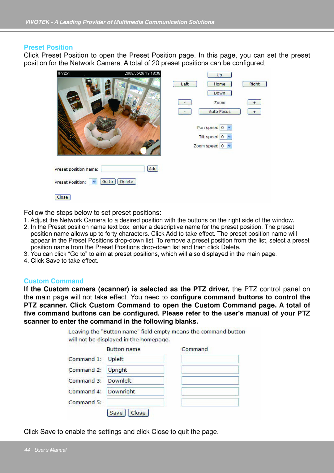 Vivotek IP7251 manual Preset Position, Custom Command 