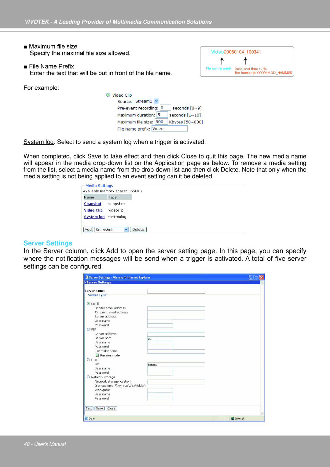 Vivotek IP7251 manual Server Settings 