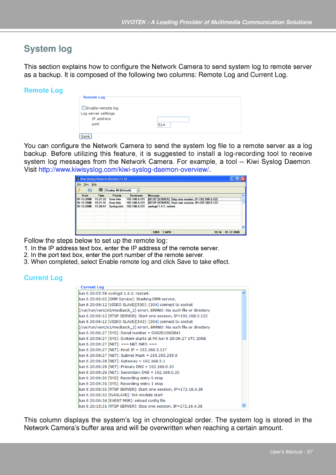 Vivotek IP7251 manual System log, Remote Log, Current Log 