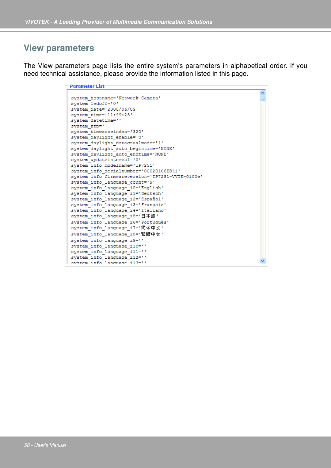 Vivotek IP7251 manual View parameters 