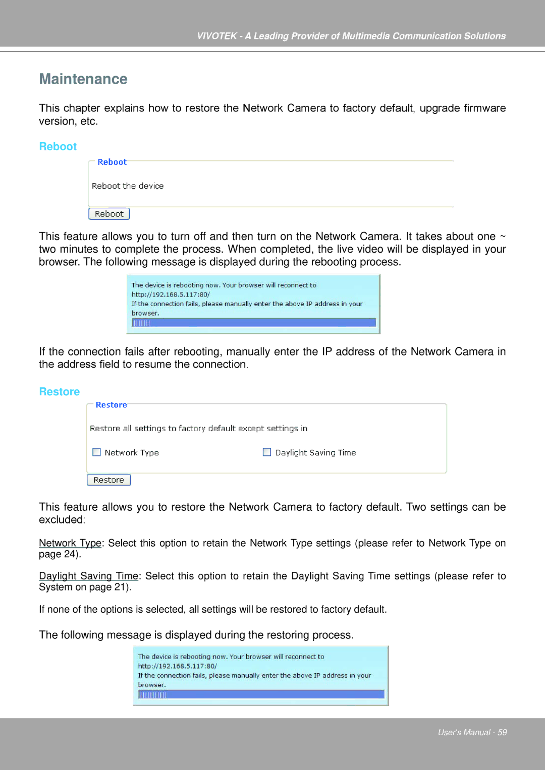 Vivotek IP7251 manual Maintenance, Reboot, Restore 