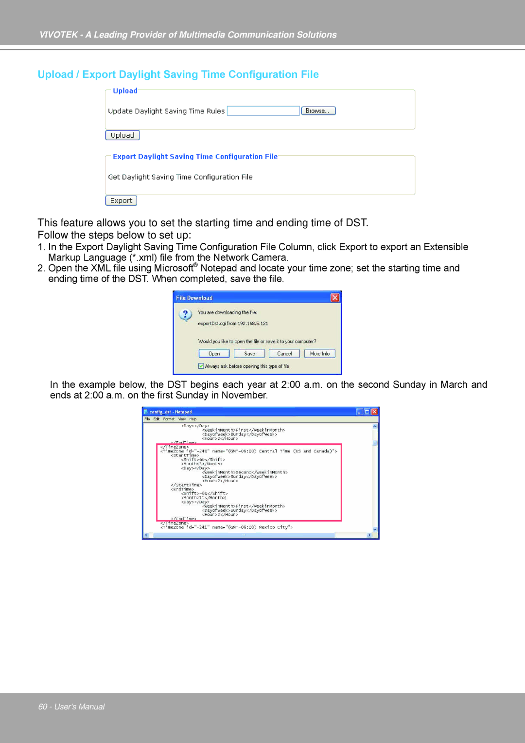 Vivotek IP7251 manual Upload / Export Daylight Saving Time Configuration File 