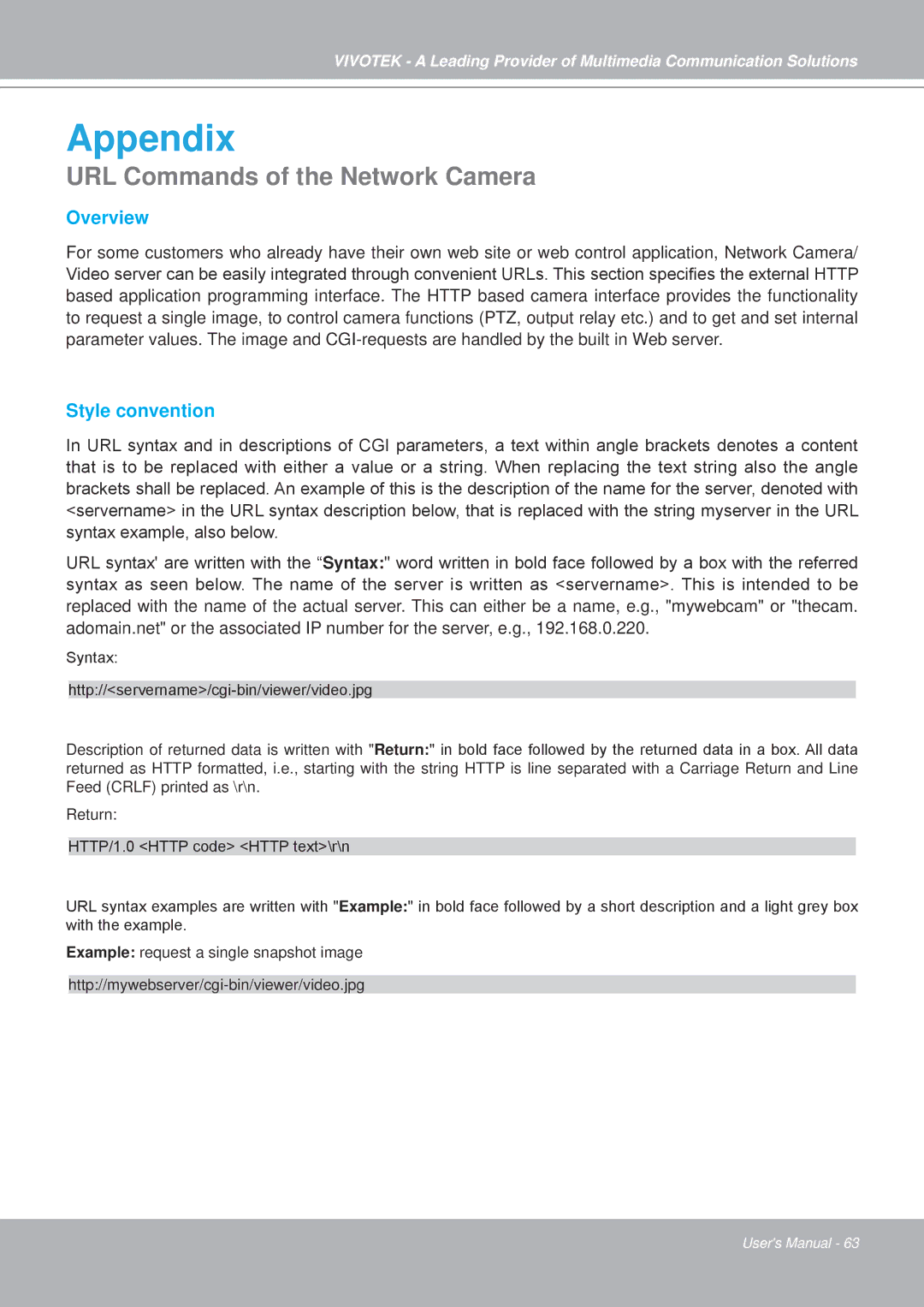 Vivotek IP7251 manual Appendix, URL Commands of the Network Camera 