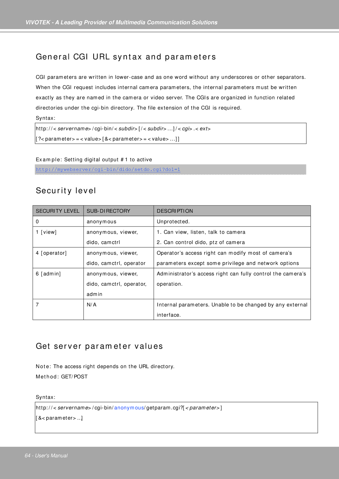 Vivotek IP7251 manual General CGI URL syntax and parameters, Security level, Get server parameter values 