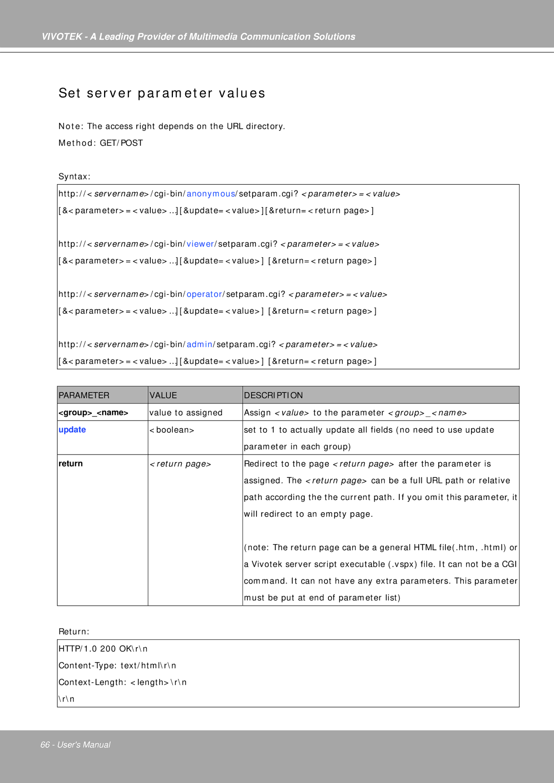 Vivotek IP7251 manual Set server parameter values, Update 