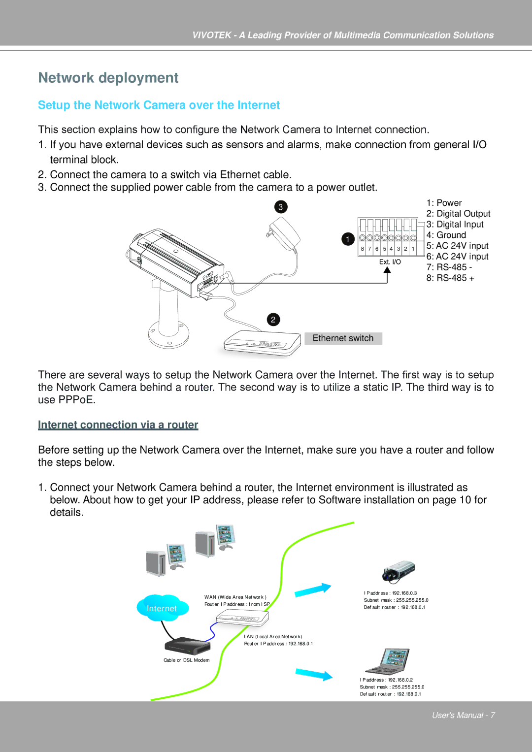 Vivotek IP7251 manual Network deployment, Setup the Network Camera over the Internet 