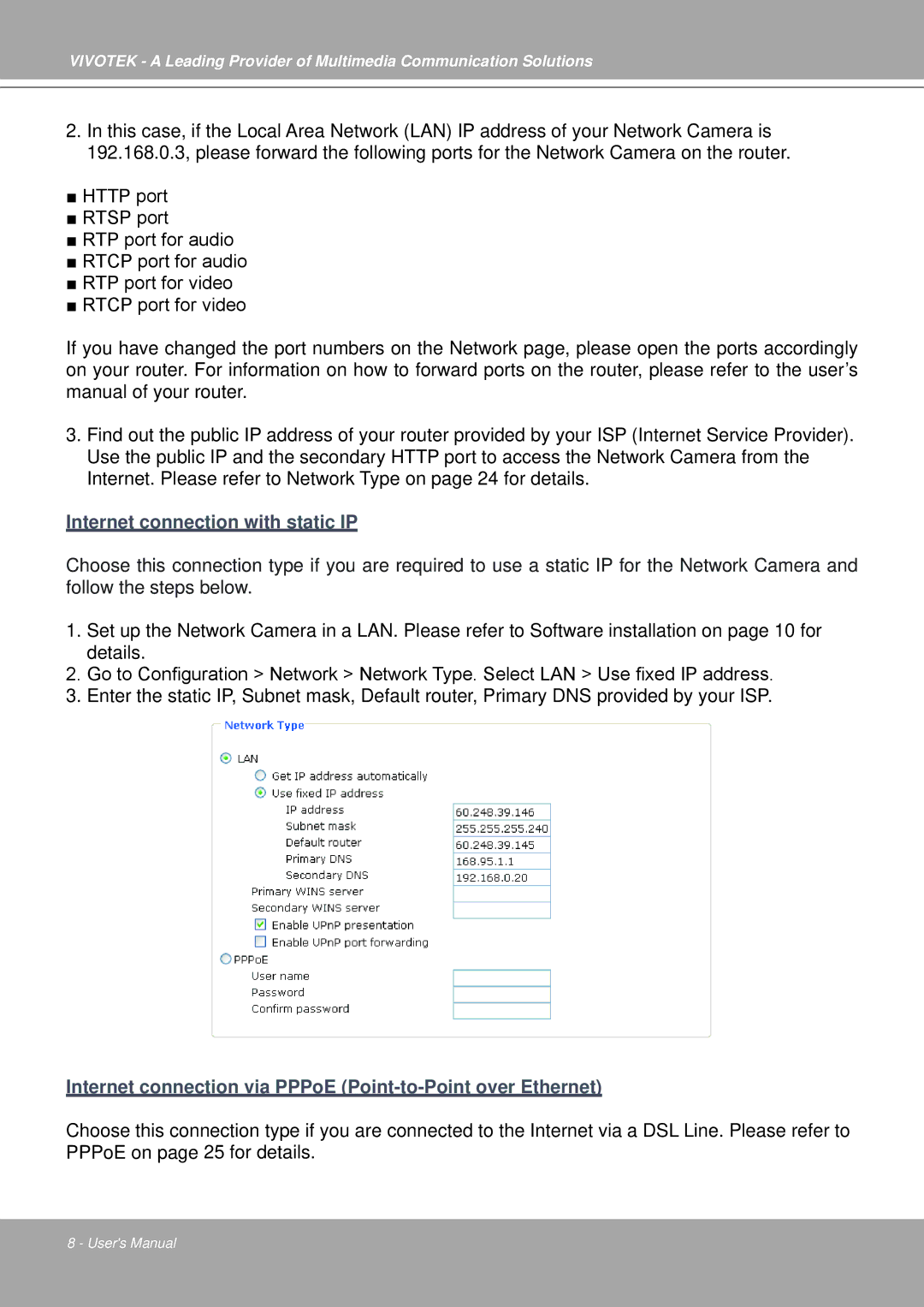 Vivotek IP7251 manual Internet connection with static IP 