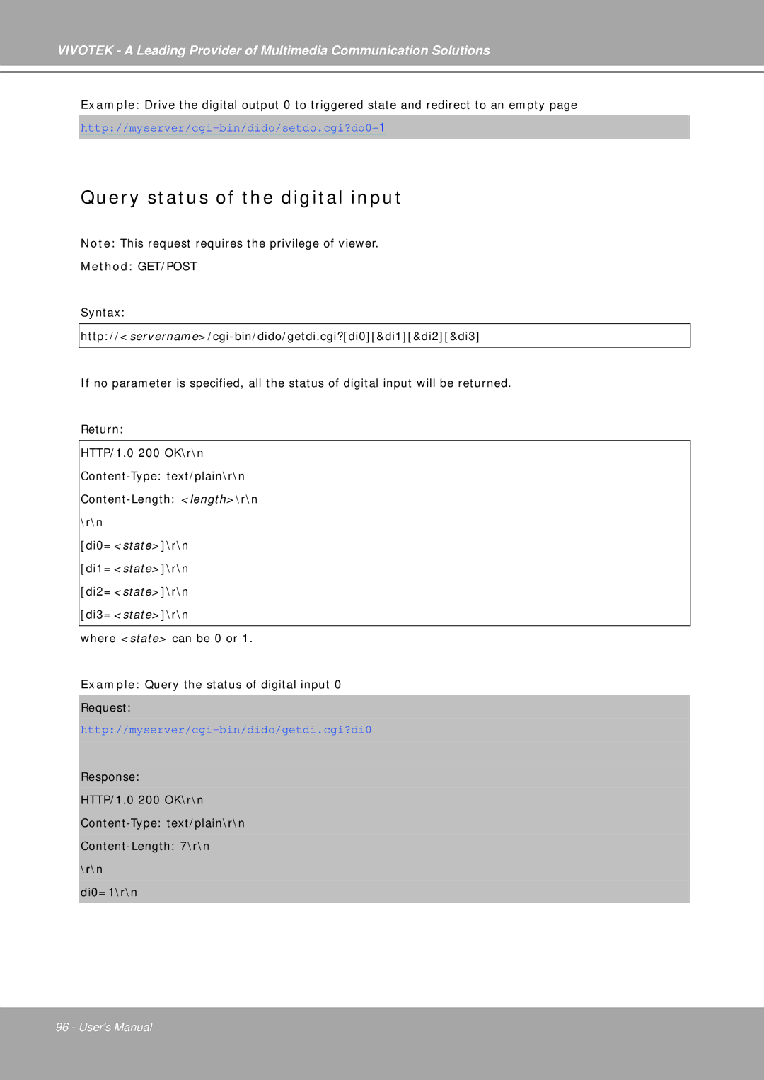 Vivotek IP7251 manual Query status of the digital input 