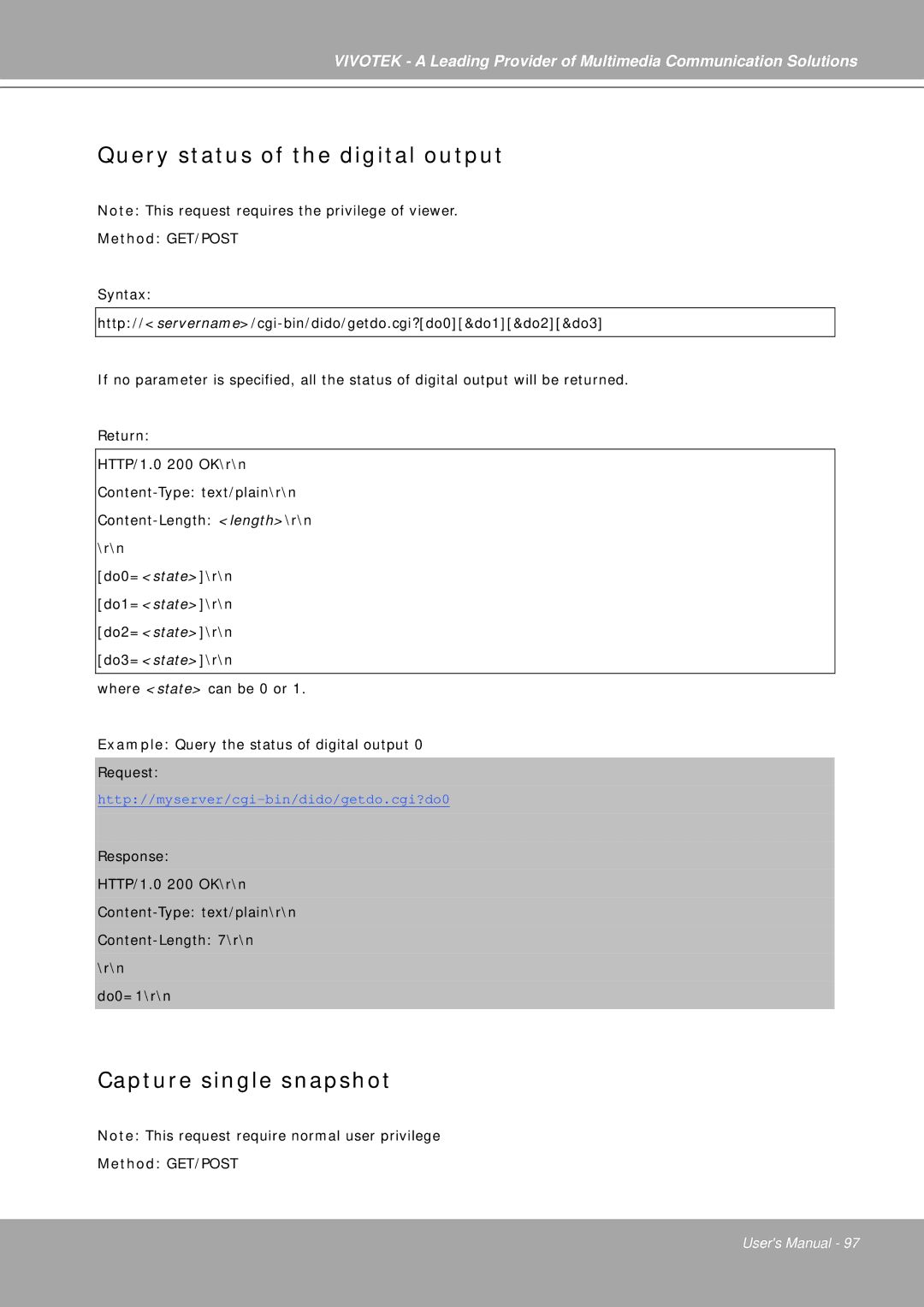 Vivotek IP7251 manual Query status of the digital output, Capture single snapshot 