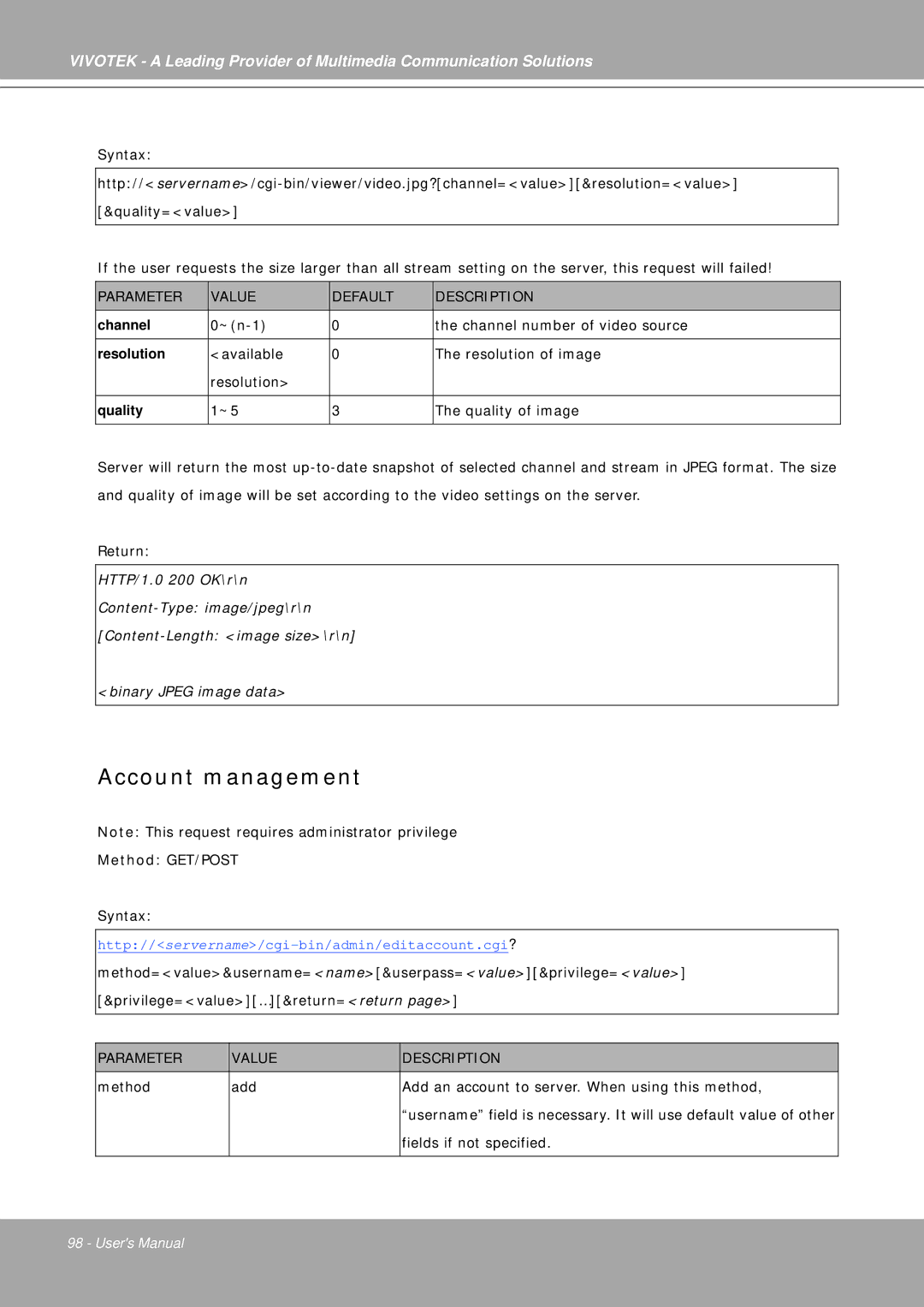 Vivotek IP7251 manual Account management, Quality 