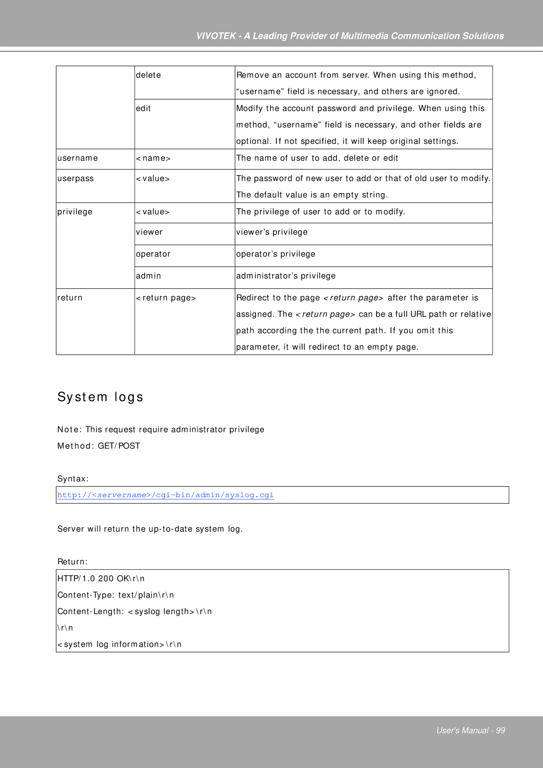 Vivotek IP7251 manual System logs 