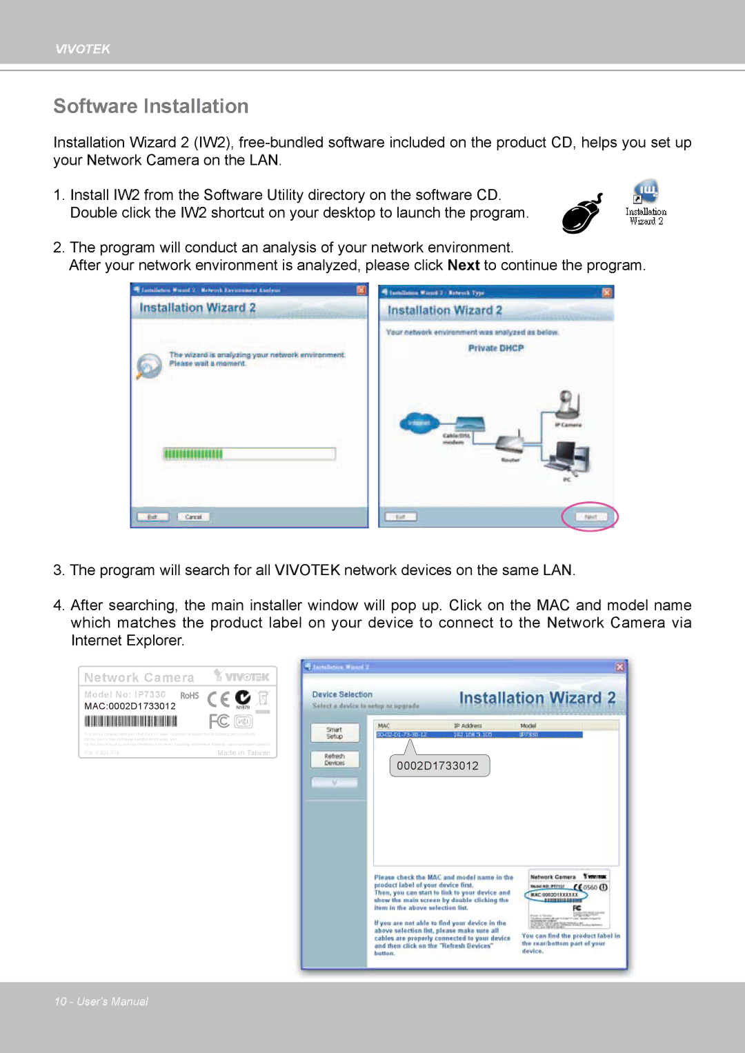 Vivotek IP7330 manual Software Installation, Network Camera 