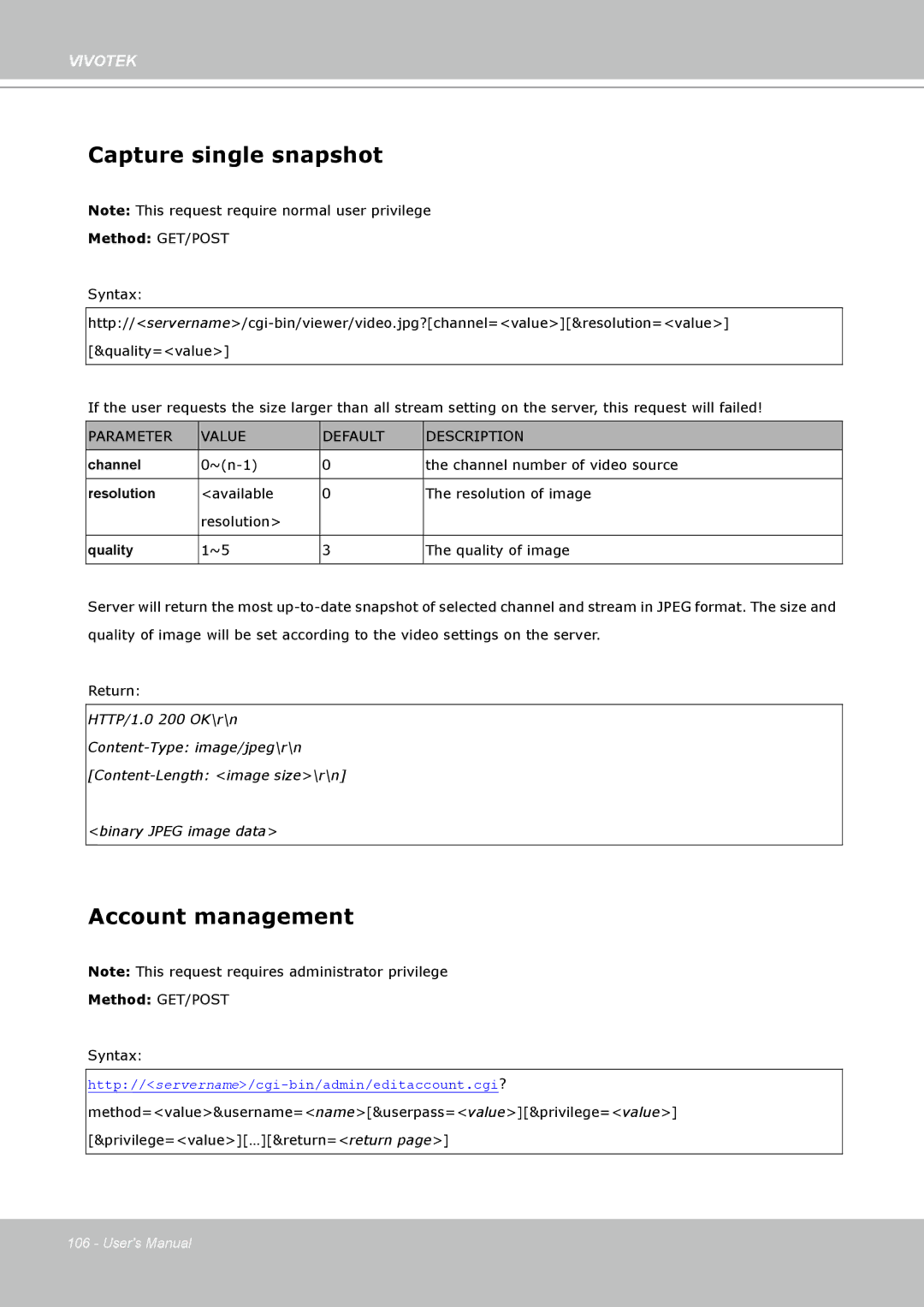 Vivotek IP7330 manual Capture single snapshot, Account management 