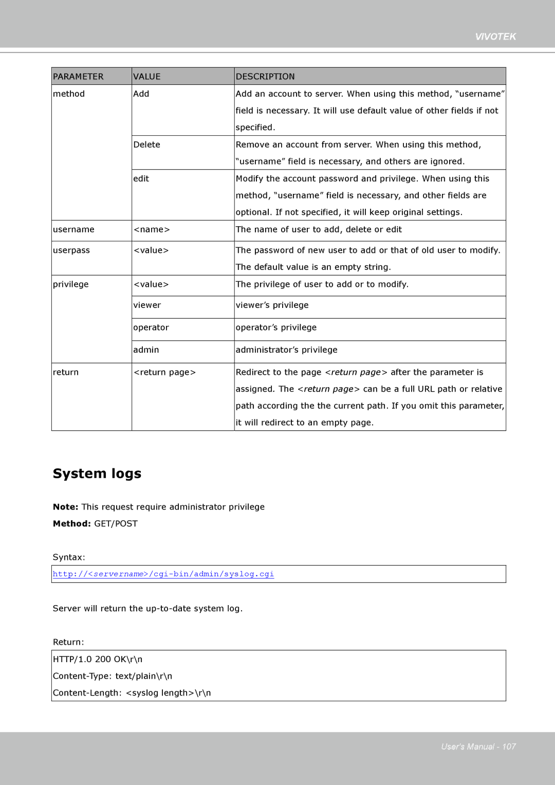 Vivotek IP7330 manual System logs, Method Add 