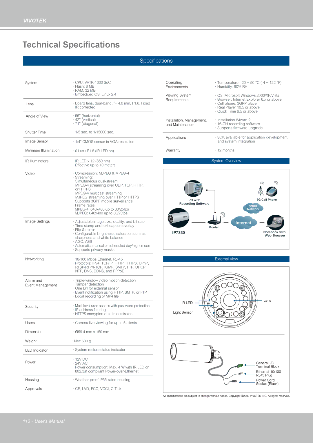 Vivotek IP7330 manual Technical Specifications, Speciﬁcations 