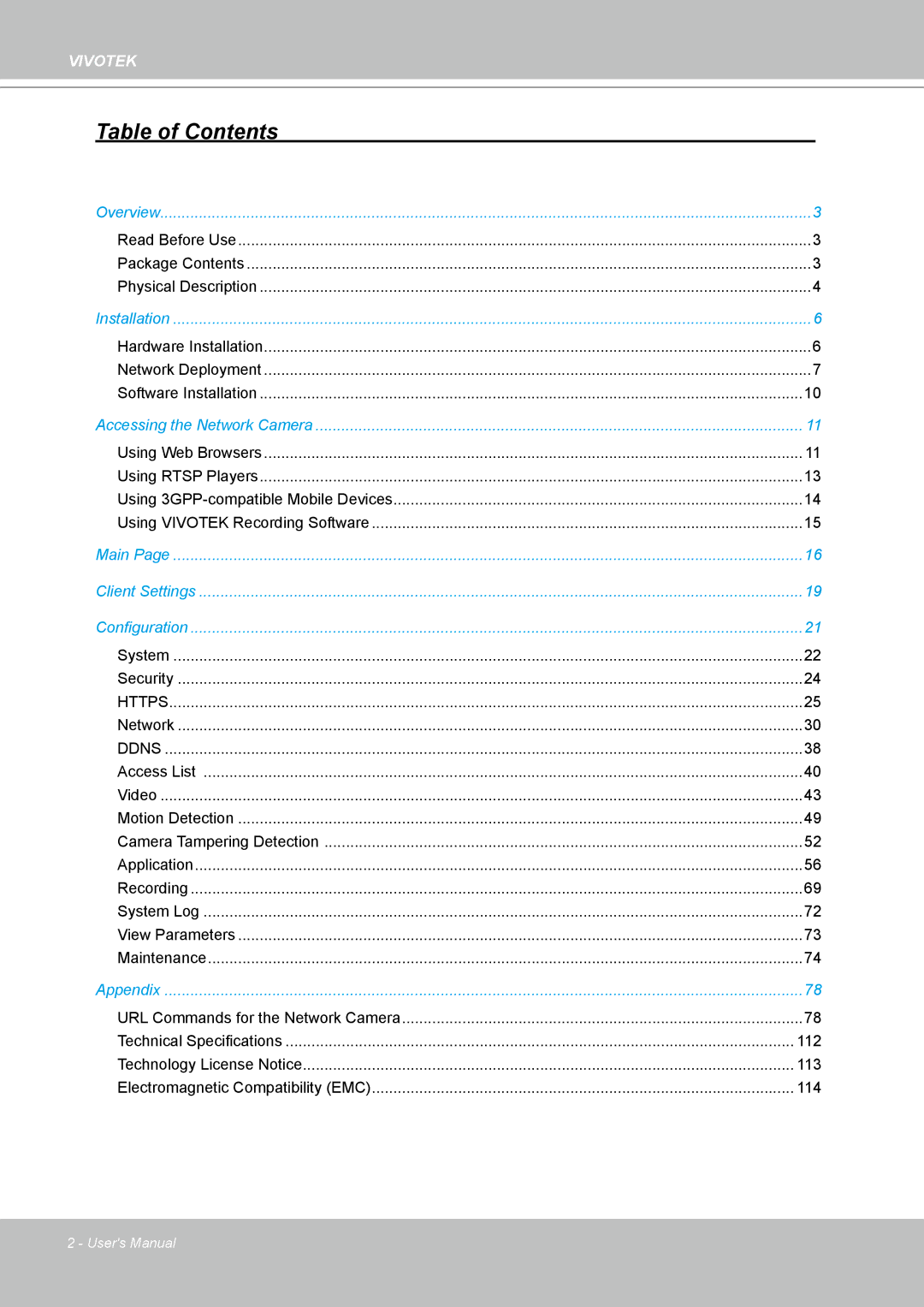 Vivotek IP7330 manual Table of Contents 