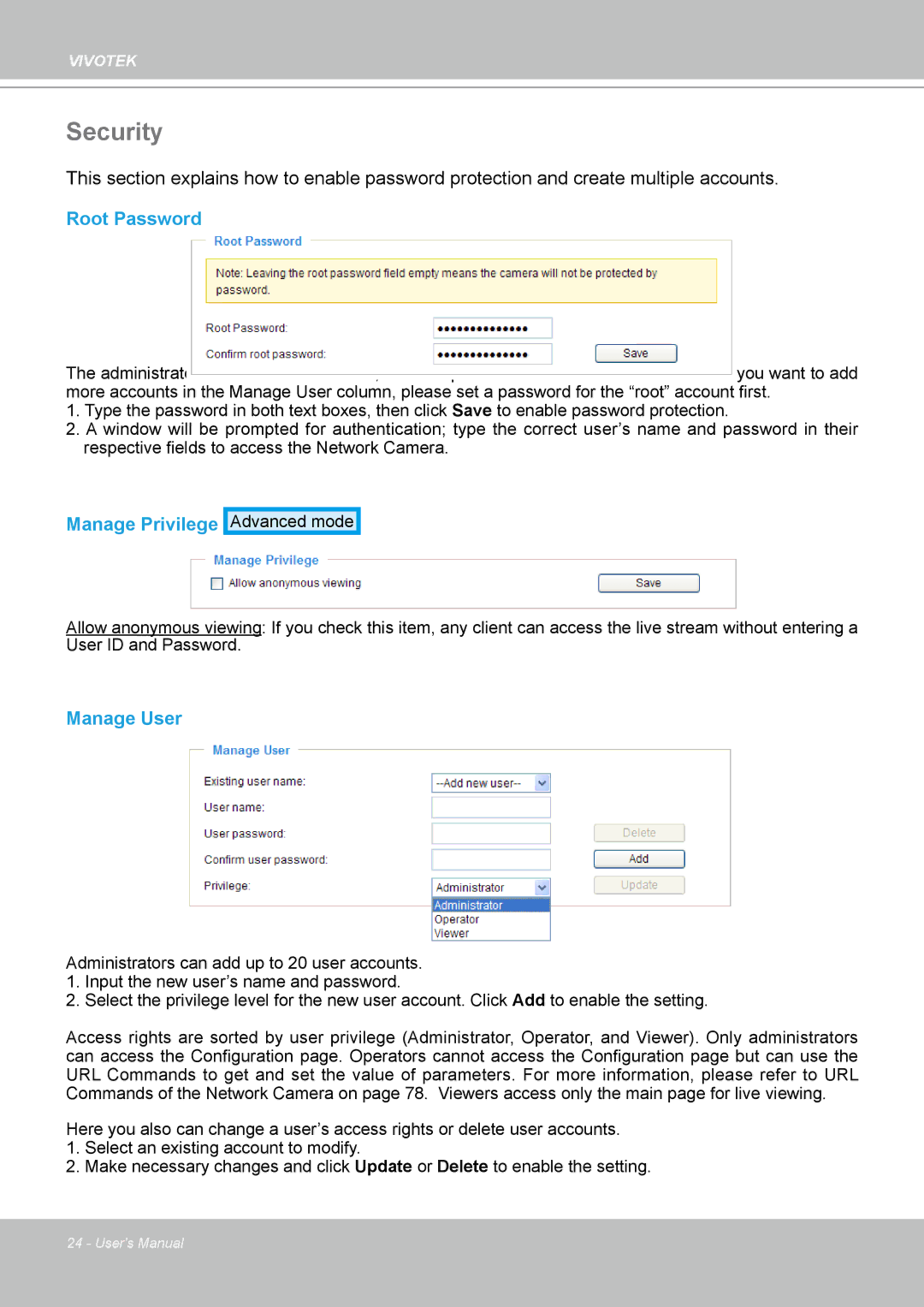 Vivotek IP7330 manual Security, Root Password, Manage Privilege, Manage User 