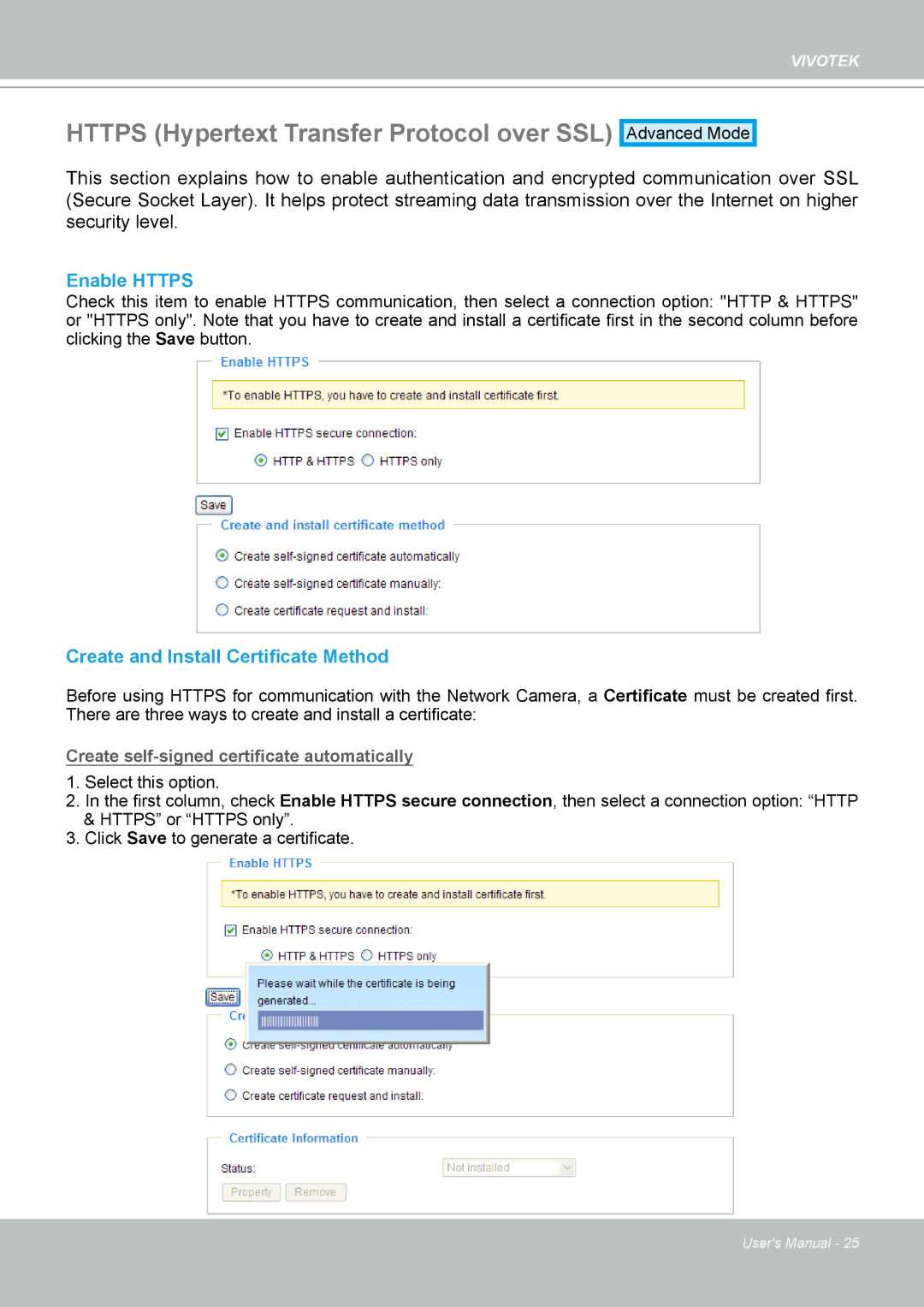 Vivotek IP7330 manual Https Hypertext Transfer Protocol over SSL, Enable Https, Create and Install Certificate Method 