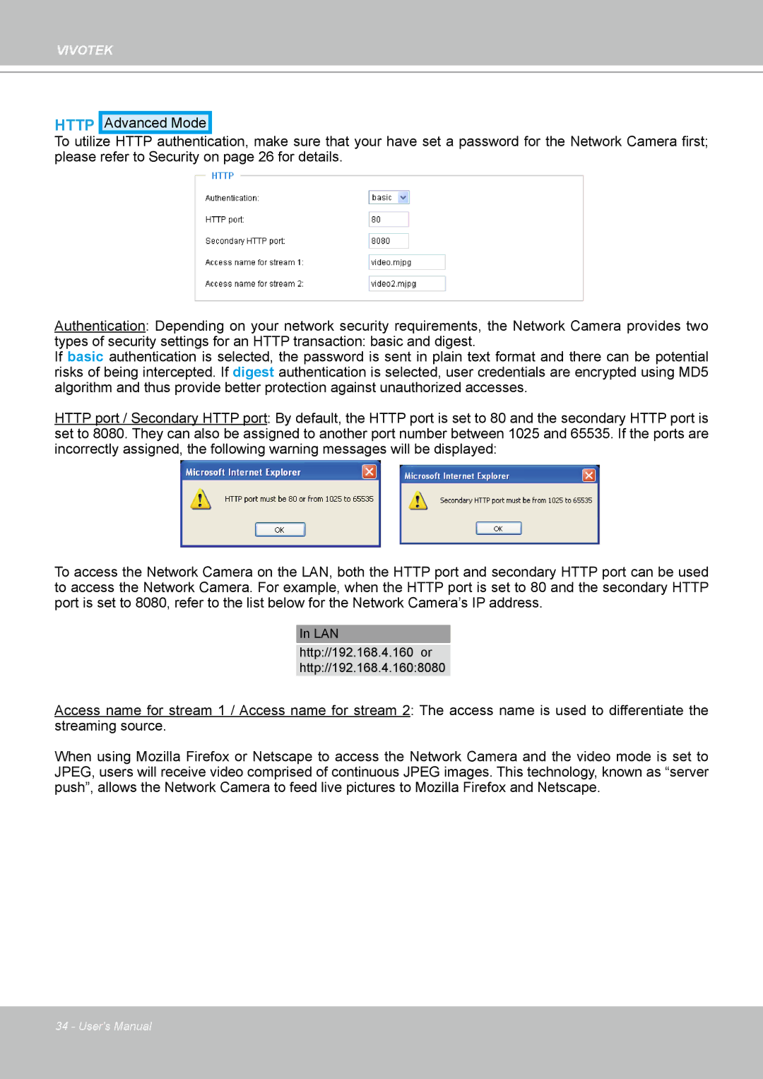 Vivotek IP7330 manual LAN Http//192.168.4.160 or Http//192.168.4.1608080 