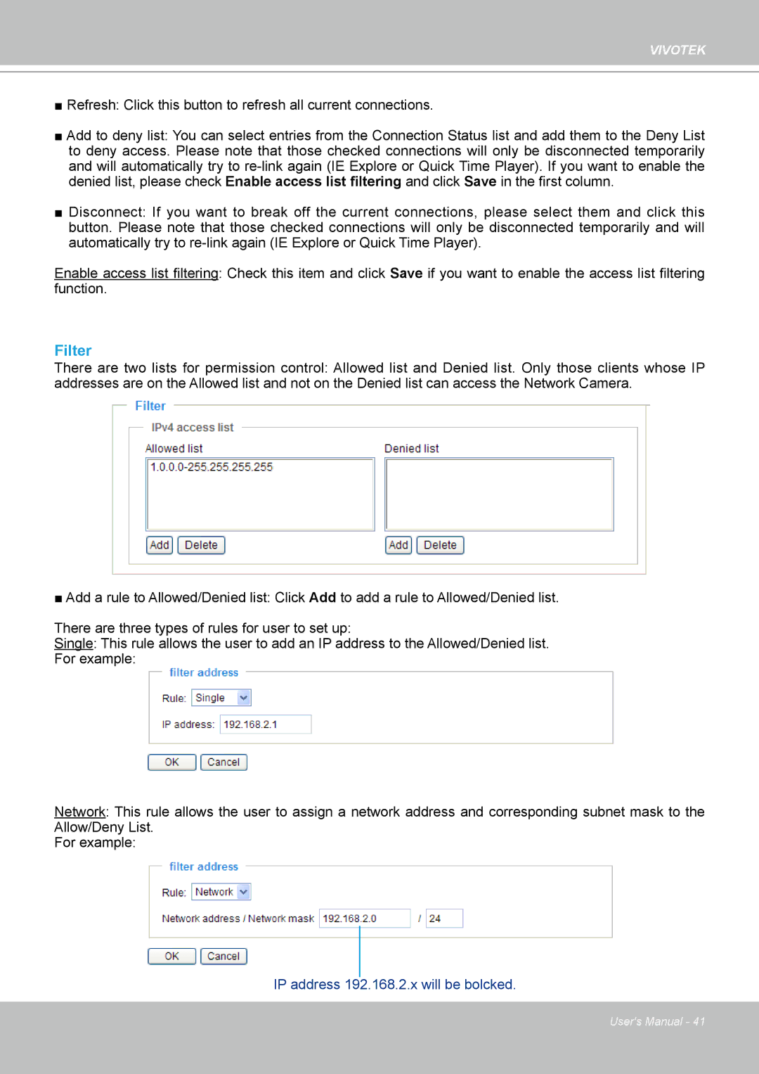 Vivotek IP7330 manual Filter, IP address 192.168.2.x will be bolcked 