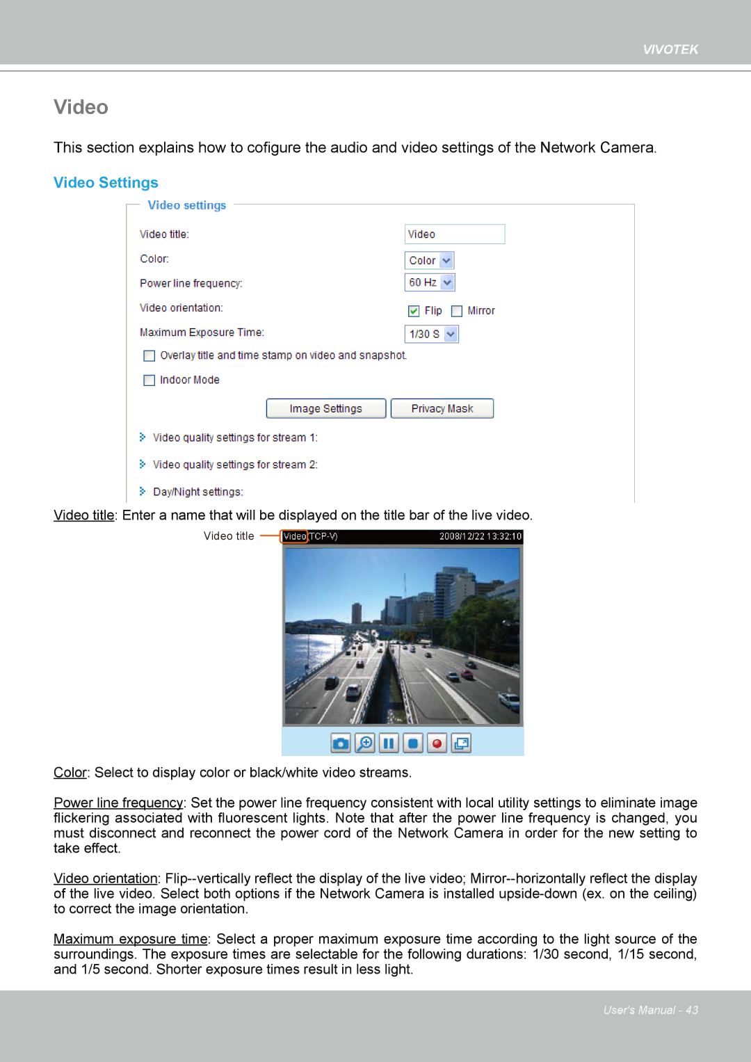 Vivotek IP7330 manual Video Settings 