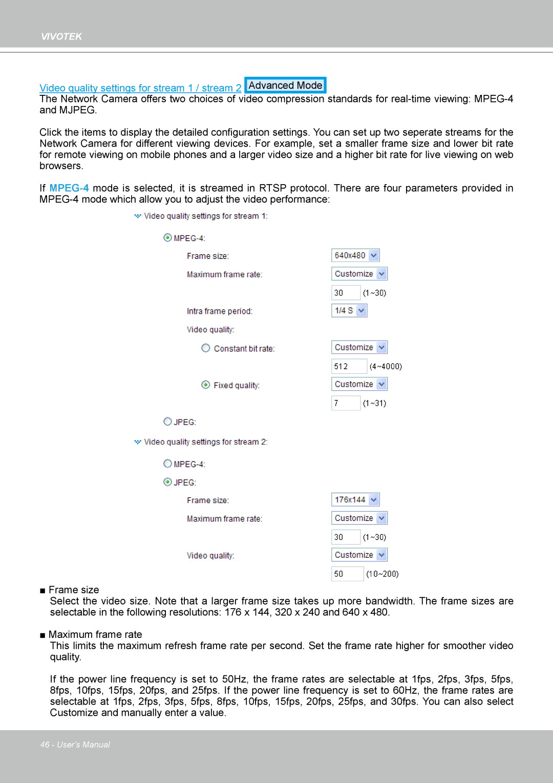 Vivotek IP7330 manual Video quality settings for stream 1 / stream 2 Advanced Mode 