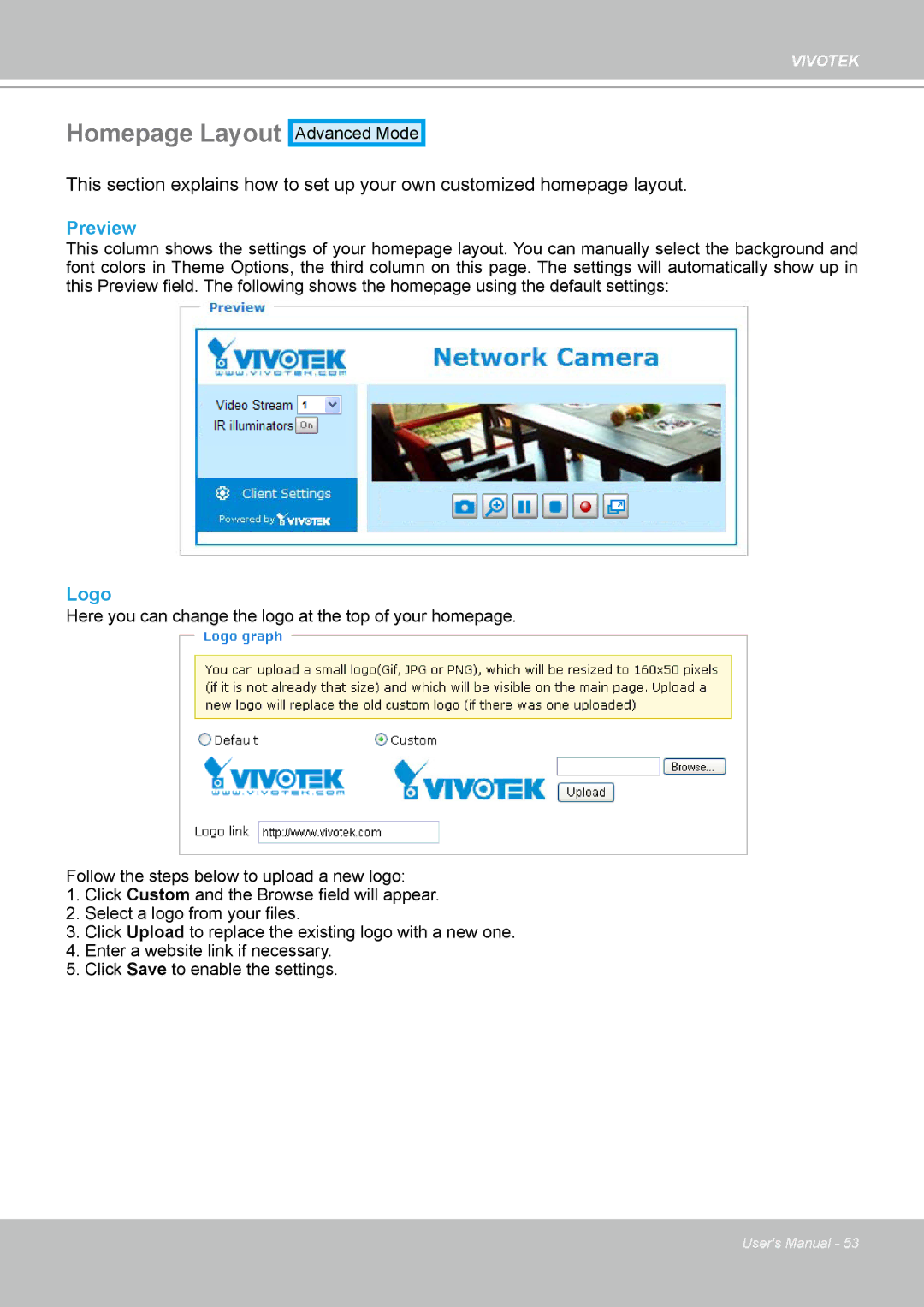 Vivotek IP7330 manual Homepage Layout, Preview, Logo 