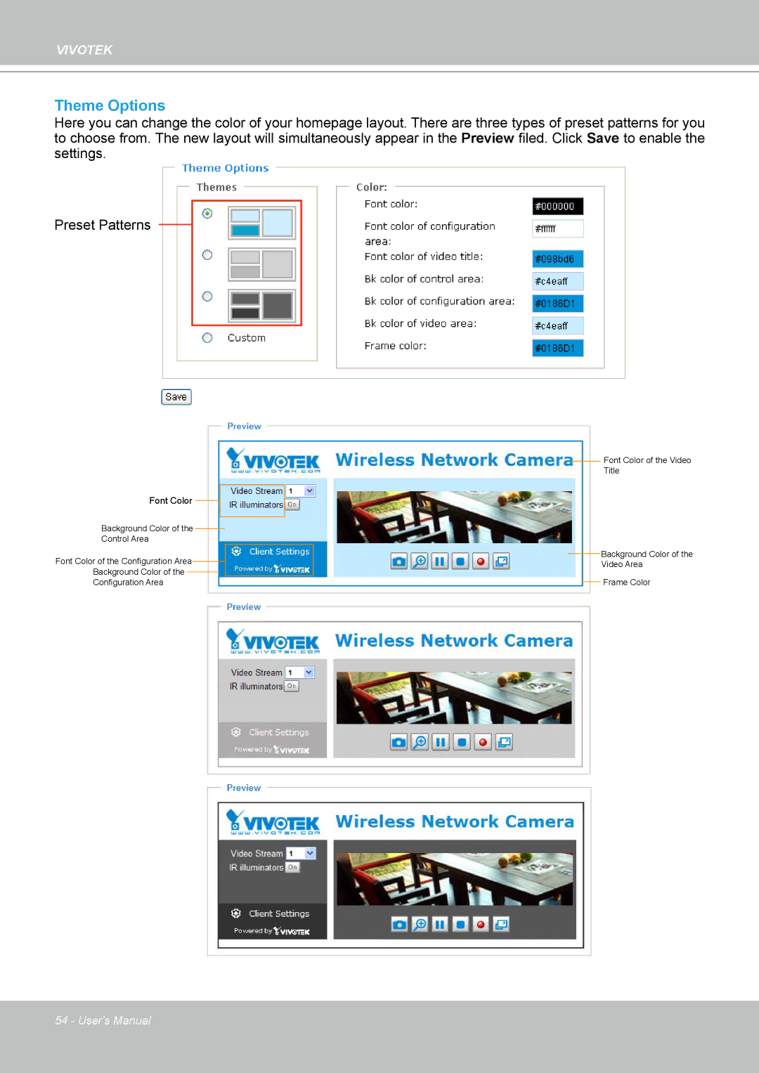 Vivotek IP7330 manual Theme Options, Font Color 