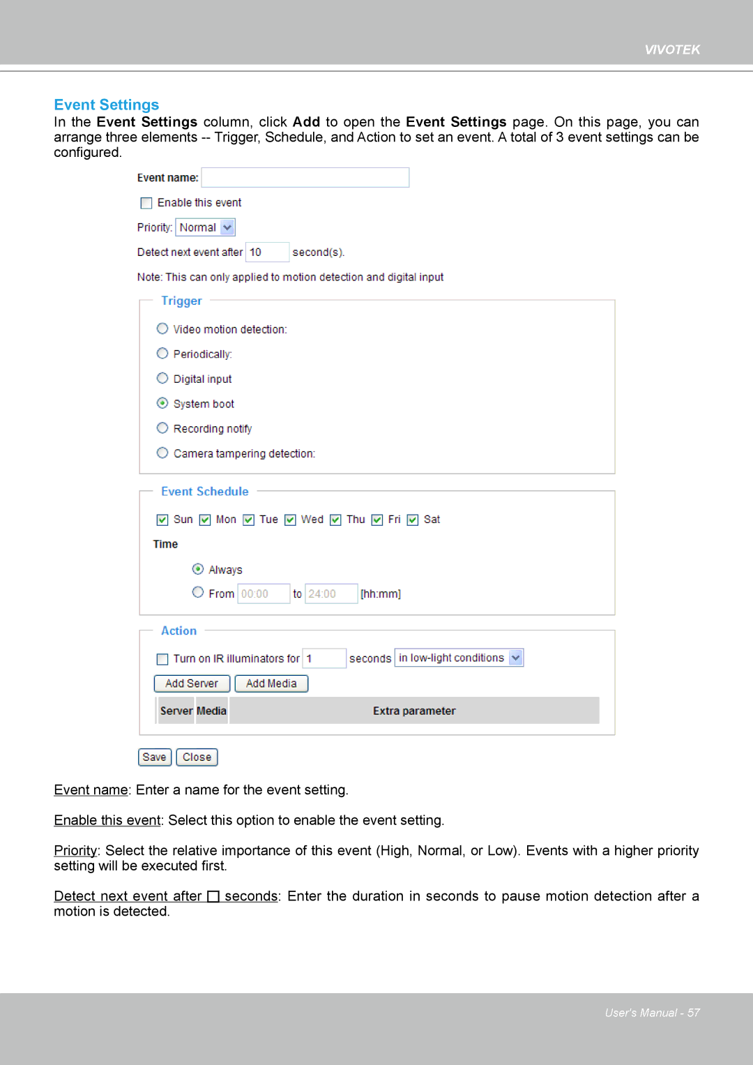 Vivotek IP7330 manual Event Settings 