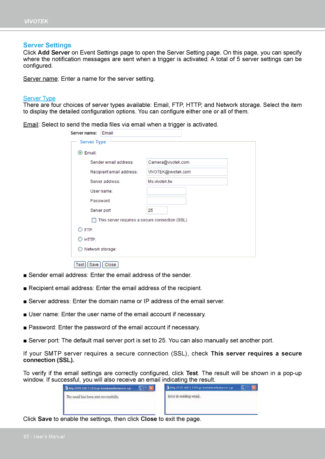 Vivotek IP7330 manual Server Settings, Server Type 