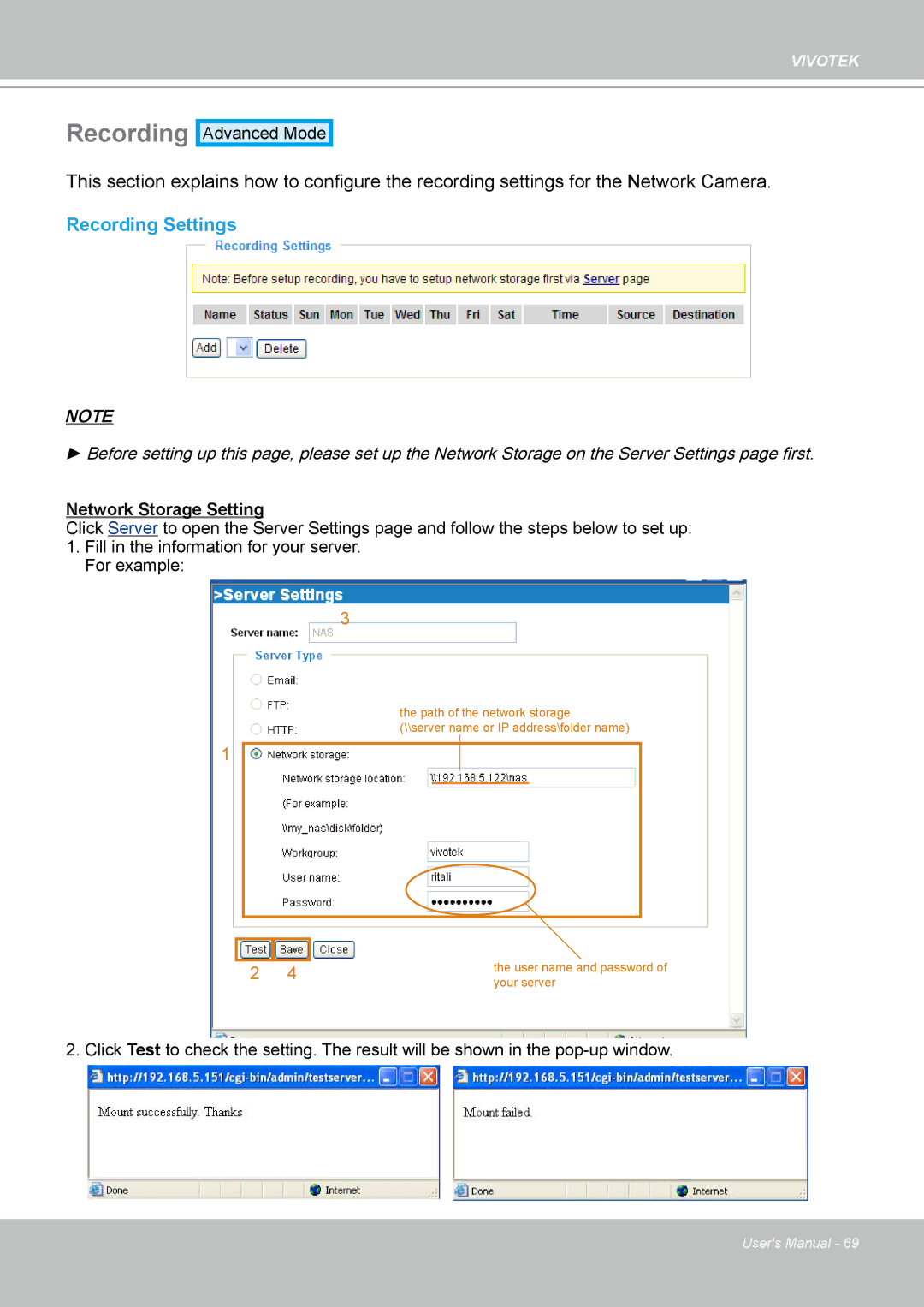 Vivotek IP7330 manual Recording Settings 