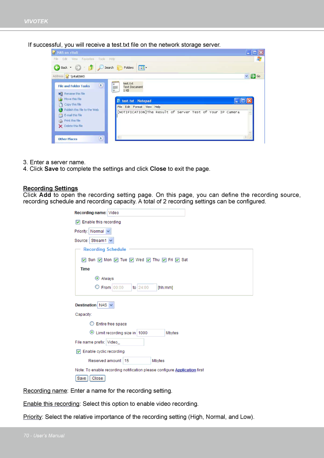 Vivotek IP7330 manual Recording Settings 