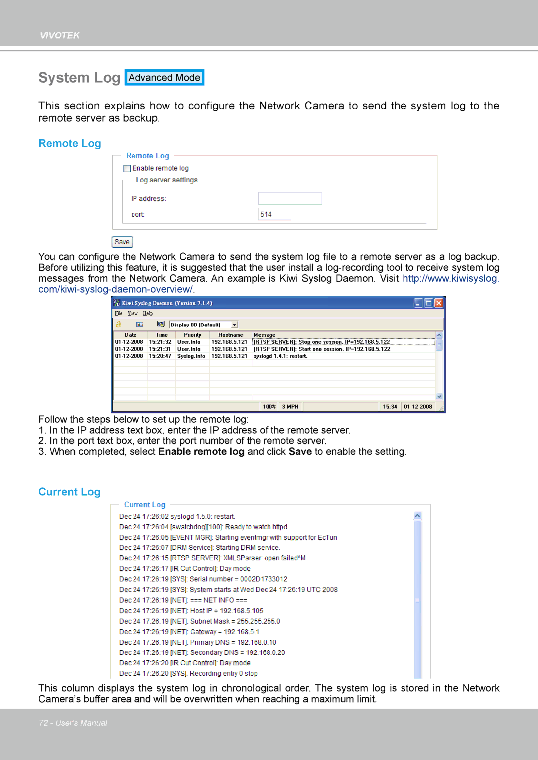 Vivotek IP7330 manual System Log, Remote Log, Current Log 