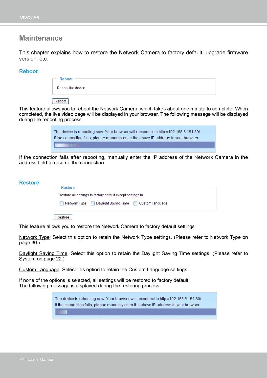Vivotek IP7330 manual Maintenance, Reboot, Restore 