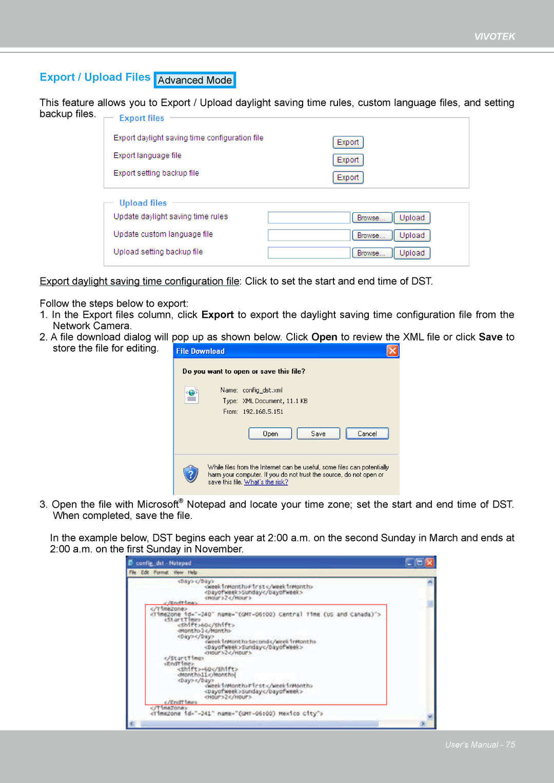 Vivotek IP7330 manual Export / Upload Files 