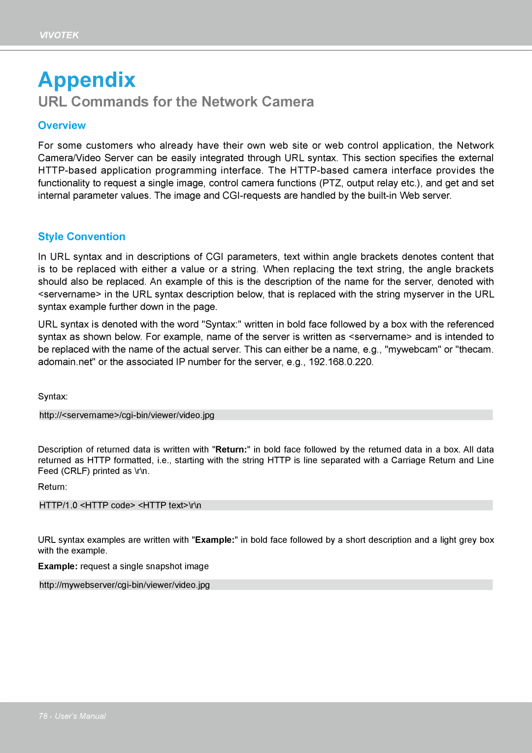 Vivotek IP7330 manual Appendix, URL Commands for the Network Camera 