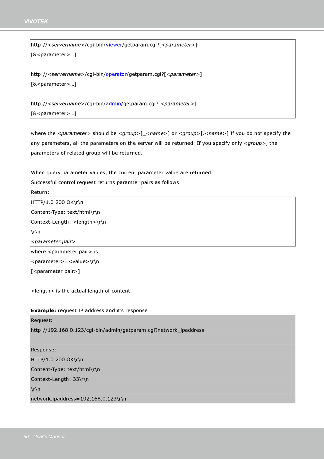 Vivotek IP7330 manual Parameter pair 