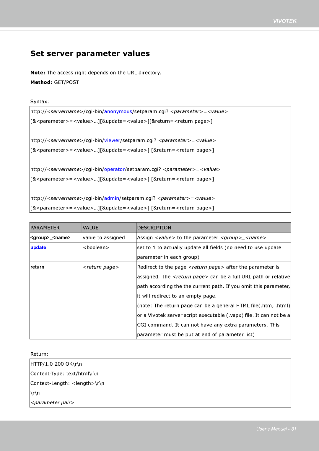 Vivotek IP7330 manual Set server parameter values, Update 