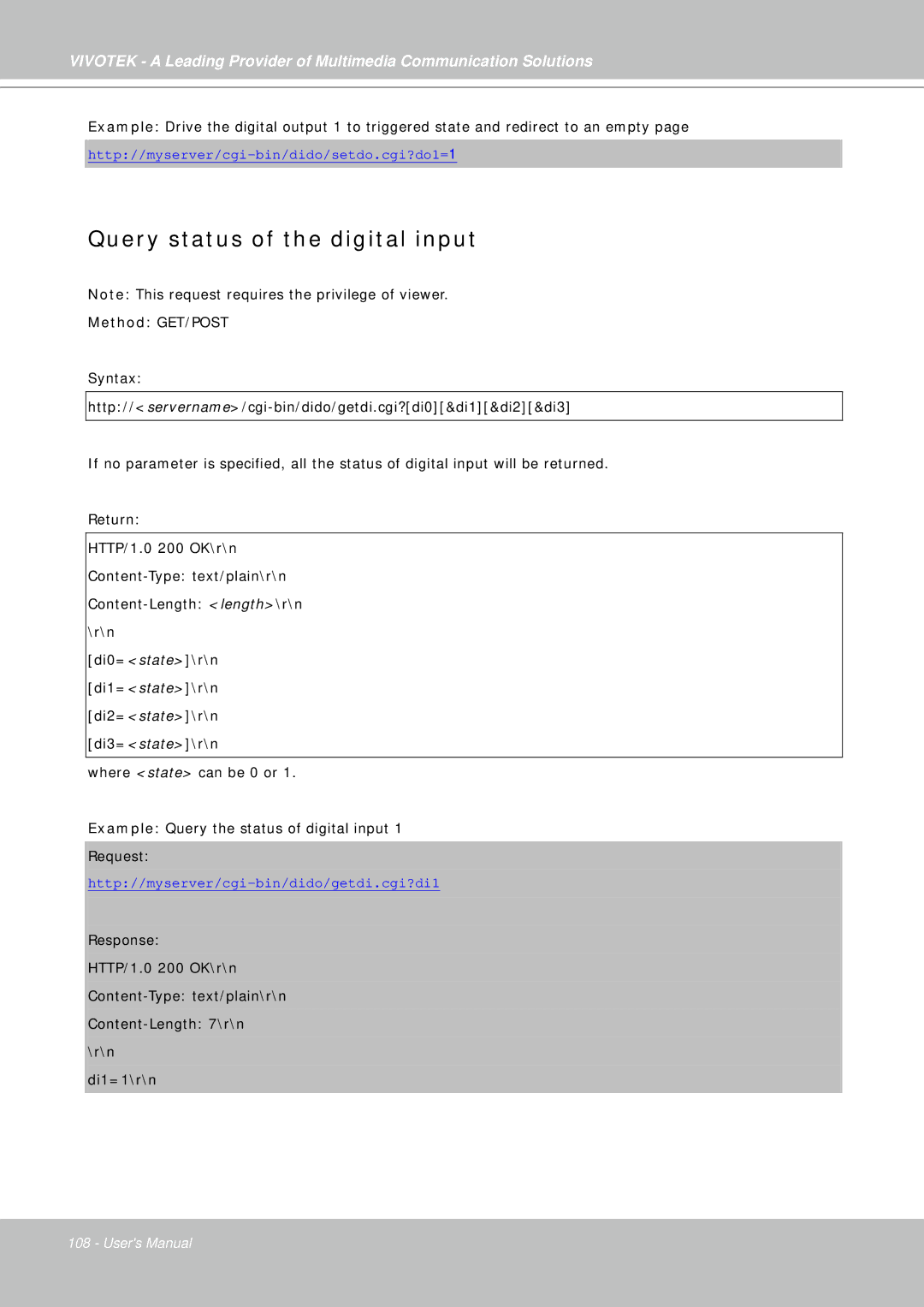 Vivotek IP7330 manual Query status of the digital input 