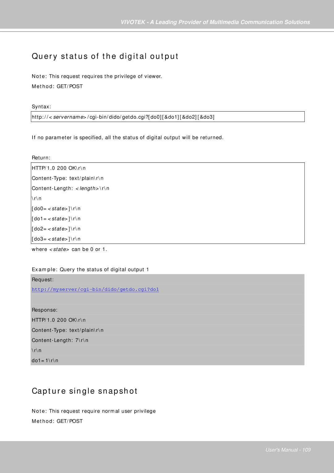 Vivotek IP7330 manual Query status of the digital output, Capture single snapshot 